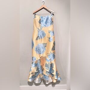 Rene Ruiz Yellow Midi Skirt with Blue Rose Print